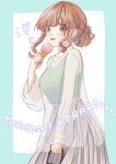  1girl :3 bag blush brown_eyes brown_hair character_name earrings food hair_bun heart highres holding holding_bag holding_food holding_ice_cream ice_cream ice_cream_cone idolmaster idolmaster_cinderella_girls jewelry long_sleeves looking_at_viewer moroboshi_kirari nagitofuu nail_polish necklace pearl_necklace ring see-through see-through_shirt shirt sleeveless sleeveless_shirt smile solo tongue tongue_out 