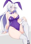  absurdres animal_ears blue_eyes bow bowtie breasts detached_collar feet_out_of_frame hair_between_eyes hare_(honkai_impact) highres honkai_(series) honkai_impact_3rd large_breasts leotard long_hair looking_at_viewer nobu_teio playboy_bunny purple_bow purple_bowtie purple_leotard rabbit_ears simple_background sitting strapless strapless_leotard thighhighs white_background white_hair white_thighhighs wrist_cuffs 