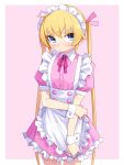  1girl :&lt; apron blonde_hair blue_eyes blush closed_mouth commentary dress frilled_apron frills hair_between_eyes hair_ribbon highres kill_me_baby long_hair maid_headdress neck_ribbon pink_dress pink_ribbon puffy_short_sleeves puffy_sleeves ribbon short_sleeves simple_background sleeves_past_wrists solo sonya_(kill_me_baby) twintails two-tone_background very_long_hair white_apron yachima_tana 