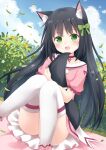  1girl :d animal_ear_fluff animal_ears black_hair blush bow choker cloud cloudy_sky fang feet_out_of_frame frilled_shirt frills grass green_bow green_eyes hair_bow head_tilt highres koucha_(edo_krisna_5) leaves_in_wind legs_together legs_up long_hair looking_at_viewer on_ground open_mouth original outdoors pink_shirt pink_skirt plant puffy_short_sleeves puffy_sleeves red_choker shirt short_sleeves sitting skirt sky smile solo straight_hair tail tail_grab tail_hug thighhighs thighs white_legwear 