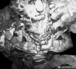  1boy animal_ears arknights artist_request bara blue_eyes chain chain_necklace facial_hair furry furry_male goatee greyscale head_out_of_frame jewelry large_hands large_pectorals looking_at_viewer male_focus monochrome mountain_(arknights) muscular muscular_male necklace parted_lips pectoral_cleavage pectorals portrait scar scar_across_eye scar_on_arm short_hair solo spot_color thick_eyebrows tiger_boy tiger_ears upper_body white_hair 