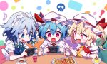  ! 3girls absurdres ascot black_tea blonde_hair blue_eyes blue_hair blue_vest blush braid brand_name_imitation checkerboard_cookie collared_shirt commentary_request cookie crystal cup drink drinking_glass eighth_note flandre_scarlet food frilled_shirt_collar frills grey_hair handheld_game_console hat hat_ribbon highres holding holding_handheld_game_console izayoi_sakuya long_hair maid maid_headdress mob_cap multiple_girls musical_note nintendo_switch one_side_up open_mouth pudding puffy_short_sleeves puffy_sleeves red_eyes red_ribbon red_vest remilia_scarlet ribbon shirt short_hair short_sleeves siblings sisters skull tea touhou twin_braids vest white_hat white_shirt wings wrist_cuffs yamanakaume yellow_ascot 