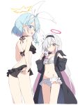  2girls arona_(blue_archive) ass bare_arms bare_legs bare_shoulders bikini black_bikini black_coat blue_archive blue_eyes blue_hair blush braid closed_mouth coat collarbone colored_inner_hair frilled_bikini frills grey_eyes grey_hair halo highres long_hair multicolored_hair multiple_girls navel open_clothes open_coat open_mouth pink_hair plana_(blue_archive) red_halo satou_kibi short_hair simple_background single_braid swimsuit white_background white_bikini yellow_halo 