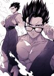  1boy adjusting_eyewear black_eyes character_request closed_mouth collarbone dragon_ball glasses hair_up male_focus monochrome moza00 multiple_views muscular muscular_male pectoral_cleavage pectorals purple_theme robe short_hair sleeveless smoke white_background 