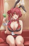  1girl :d absurdres alcohol animal_ears arm_under_breasts bow bowtie breasts bunny_garden cleavage cosplay cup drinking_glass fake_animal_ears fang goma_anco_(shiyoshiyo) heterochromia highres holding holding_cup hololive houshou_marine kana_(bunny_garden) kana_(bunny_garden)_(cosplay) large_breasts looking_at_viewer open_mouth playboy_bunny rabbit_ears red_bow red_bowtie red_eyes red_hair sitting smile solo twintails virtual_youtuber wrist_cuffs 
