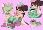  2girls black_hair bow-shaped_hair callie_(splatoon) cousins gomipomi green_hair green_jumpsuit inkling jumpsuit marie_(splatoon) mole mole_under_eye multiple_girls object_on_head open_mouth pink_background pink_jumpsuit short_jumpsuit simple_background splatoon_(series) splatoon_3 squid star-shaped_pupils star_(symbol) striped_clothes striped_thighhighs symbol-shaped_pupils tentacle_hair thighhighs 