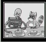  2024 anthro apron biped blush clothing duo eating food machine male mammal missluwu pancake procyonid raccoon rascal_(robot_dreams) robot robot_(robot_dreams) robot_dreams 