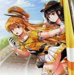  2girls absurdres arm_up ass beatmania_iidx black_hair black_thighhighs blunt_bangs breasts gloves goli_matsumoto hair_between_eyes hat highres hinazuki_ririna holding large_breasts long_hair medium_hair multicolored_clothes multiple_girls official_art open_mouth orange_eyes orange_hair red_eyes sidelocks teeth thighhighs thighs umegiri_iroha upper_teeth_only very_long_hair white_gloves 