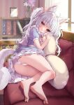  1girl animal_ear_fluff animal_ears ass bare_legs barefoot blue_dress blush book bookshelf clothes_lift commission couch dress dress_lift feet fox_ears fox_girl fox_tail full_body highres indoors kneepits legs long_hair looking_at_viewer lying no_shoes nyahu_(nyahu_77) on_side original panties pantyhose pillow red_eyes second-party_source short_sleeves skeb_commission smile soles solo tail thighband_pantyhose thighs twintails underwear w white_hair white_panties 