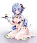  1girl absurdres bangs between_legs bikini blue_hair breasts chi_trinh cleavage cupcake detached_collar flower food full_body ganyu_(genshin_impact) genshin_impact gloves goat_horns hand_between_legs hand_up highres holding holding_tray horns large_breasts long_hair looking_at_viewer maid maid_bikini maid_headdress navel neckbell pout purple_eyes side-tie_bikini sitting solo swimsuit thighhighs tray white_background white_gloves white_legwear yokozuwari 