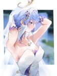  1girl alternate_costume aqua_eyes armpits arms_behind_head blue_hair blurry blurry_background border breasts cleavage closed_mouth earrings flower from_side gloves hair_ornament halo head_wings highres honkai:_star_rail honkai_(series) jewelry kbnimated looking_to_the_side musical_note musical_note_hair_ornament necklace petals robin_(honkai:_star_rail) solo white_border white_flower white_gloves white_veil white_wings wings 
