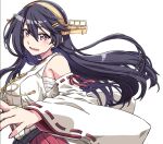  1girl black_hair detached_sleeves gold_hairband hair_ornament hairband hairclip haruna_(kancolle) headgear kantai_collection long_hair nontraditional_miko red_eyes red_skirt ribbon-trimmed_sleeves ribbon_trim sarashi simple_background skirt smile solo takana_shinno upper_body white_background 