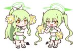  2girls achilles_(yosshyachillesd) arms_up black_tail blue_archive blush cheering cheerleader closed_mouth demon_tail detached_collar fang full_body green_hair green_halo halo highres hikari_(blue_archive) holding holding_pom_poms long_hair multiple_girls navel nozomi_(blue_archive) open_mouth pleated_skirt pointy_ears pom_pom_(cheerleading) shoes siblings simple_background sisters skirt smile tail twins twintails white_background white_footwear white_skirt yellow_eyes 