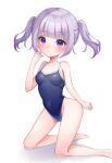  1girl barefoot blue_one-piece_swimsuit breasts competition_school_swimsuit covered_navel highleg highleg_swimsuit kneeling niro_(niro26) ocean one-piece_swimsuit original purple_eyes purple_hair school_swimsuit simple_background small_breasts solo swimsuit twintails white_background 