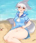  1girl absurdres beach blowhole blue_eyes blue_hair blush bottomless cetacean_tail clothes_lift common_bottlenose_dolphin_(kemono_friends) dolphin_girl dorsal_fin dress fins fish_tail frills grey_hair head_fins heart highres kemono_friends lifted_by_self looking_at_viewer multicolored_hair open_mouth sailor_collar short_hair short_sleeves skirt skirt_lift smile solo tail white_hair wonderful_waon 