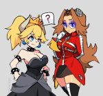  2girls ? armlet artist_name black_dress black_legwear blue_eyes bowsette bracelet breasts brown_hair ciosuii cleavage closed_mouth collar dr._eggman dress earrings genderswap genderswap_(mtf) glasses gloves hair_between_eyes half-closed_eye highres horns jewelry large_breasts long_hair long_sleeves mario_(series) multiple_girls new_super_mario_bros._u_deluxe pointy_ears ponytail shared_speech_bubble sonic_(series) speech_bubble spiked_armlet spiked_bracelet spiked_collar spikes spoken_question_mark strapless strapless_dress super_crown thighhighs white_gloves zipper_pull_tab 