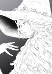  1girl absurdres crack cracked_skin elden_ring fingernails fur_coat greyscale hat highres jewelry lips long_hair looking_at_object monochrome nose profile ranni_the_witch ring simple_background solo val_(escc4347) wavy_hair witch_hat 