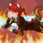  1girl \||/ absurdres animal_ear_fluff animal_ears ass bangs black_bow black_dress blue_fire blunt_bangs blurry blurry_background blush bow braid cat_ears cat_tail closed_mouth dress extra_ears eyebrows_visible_through_hair fire flaming_skull floating_skull hair_bow hair_ribbon hand_on_own_cheek hand_on_own_face hand_up head_rest highres hitodama indoors juliet_sleeves kaenbyou_rin light_smile long_hair long_sleeves lying multiple_tails nail_polish nekomata on_stomach petticoat profile puffy_sleeves red_eyes red_hair red_nails ribbon solo tail touhou tress_ribbon twin_braids twintails two_tails very_long_hair zelo_(kmtf3322) 