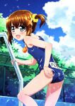  1girl adjusting_clothes adjusting_swimsuit blue_eyes blue_one-piece_swimsuit breasts brown_hair commentary_request cowboy_shot fence highres lyrical_nanoha mahou_shoujo_lyrical_nanoha miyajima_hitoshi name_tag one-piece_swimsuit pool_ladder school_swimsuit short_hair side_ponytail small_breasts smile solo swimsuit unworn_swim_cap wet yagami_hayate 