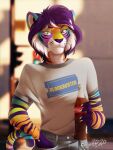  2020 anthro beverage blockbuster bottomwear branded_clothing claws clothing coca-cola dixie_(fahriicat) fahriicat_(artist) felid female fur hair hand_in_pocket hi_res looking_at_viewer mammal multicolored_body multicolored_fur multicolored_hair pantherine pants patreon pockets purple_hair purple_nose rainbow_body rainbow_fur shirt smile soda soda_bottle solo stop_light t-shirt tiger topwear tucked_shirt watermark whiskers white_hair 