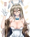  1girl \||/ akane_(blue_archive) animal_ears bare_shoulders blue_archive bow bowtie breasts cleavage collarbone covered_navel detached_collar english_commentary eyebrows_visible_through_hair eyelashes fake_animal_ears glasses gloves goro_desu hair_between_eyes halo hand_up headband heart highleg highleg_leotard highres huge_breasts large_breasts leotard long_hair looking_at_viewer official_alternate_costume parted_lips plaid plaid_scarf platinum_blonde_hair playboy_bunny scarf signature simple_background solo strapless strapless_leotard two-tone_background upper_body white_gloves white_headband white_headwear white_leotard yellow_eyes 