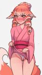  1girl absurdres animal_ears blush brown_eyes clothes_lift drill_hair embarrassed female_pubic_hair fox_ears fox_girl fox_tail freckles fundoshi highres japanese_clothes kimono kimono_lift looking_at_viewer original poppytart pubic_hair pubic_hair_peek red_hair solo standing sunset_nivaris tail tan tanlines 