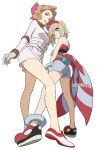  2girls anklet bangs blonde_hair blue_eyes brown_hair closed_mouth commentary_request eyelashes from_below gloves green_bag grey_shorts hair_between_eyes hairband indesign irida_(pokemon) jewelry knees multiple_girls palina_(pokemon) parted_lips pokemon pokemon_(game) pokemon_legends:_arceus red_footwear red_hairband red_shirt sash shirt shoes short_hair shorts two-tone_footwear waist_cape white_footwear 