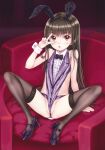  1girl absurdres animal_ears bangs black_legwear breasts brown_eyes brown_hair focke_wulf full_body high_heels highres looking_at_viewer original playboy_bunny purple_footwear rabbit_ears rabbit_tail revealing_clothes scan small_breasts solo tail thighhighs v wrist_cuffs 