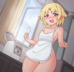  1girl absurdres apron bangs bare_shoulders blonde_hair blue_sky blurry blurry_background blush breasts cleavage cloud collarbone commentary cowboy_shot curtains day dutch_angle ear_blush embarrassed eyebrows_visible_through_hair frilled_apron frills hair_flaps hair_intakes hands_up highres holding holding_spoon indoors looking_at_viewer miruru_(rune_(pixiv_25170019)) naked_apron nervous_smile nose_blush open_mouth open_window original purple_eyes rice rice_cooker rune_(pixiv_25170019) shiny shiny_hair shiny_skin short_hair sidelocks sky small_breasts smile solo spoon standing strap_slip sweat wavy_mouth white_apron window 