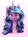  blue_hair bust_portrait buttersprinkle equid equine eyelashes female feral hair hasbro hi_res horn izzy_moonbow_(mlp) long_hair looking_at_viewer mammal mlp_g5 my_little_pony pink_eyes portrait purple_body signature smile solo unicorn 