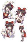  1girl armpits bare_shoulders black_hair bow closed_eyes cracking_knuckles detached_sleeves exercise eyebrows_visible_through_hair frilled_bow frilled_shirt frills hair_bow hair_tubes hakurei_reimu japanese_clothes large_bow long_sleeves mary_janes matsukuzu miko red_bow red_shirt shirt shoes short_hair sidelocks simple_background skirt socks solo stretch stretched_limb touhou white_background wide_sleeves 