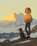  1girl bird collarbone day dog hands_in_pockets highres long_sleeves mountain outdoors portrait sam_yang sky snow sunrise 