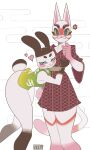  2022 absurd_res animal_crossing anthro asian_clothing blush brown_markings clothing domestic_cat duo east_asian_clothing embrace felid feline felis genji_(animal_crossing) hi_res hug japanese_clothing kabuki_(animal_crossing) kemono lagomorph leporid looking_at_viewer male male/male mammal markings nintendo pink_markings rabbit raised_leg simple_background sparklyon3 tail_markings video_games white_body 