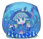  1girl :d air_bubble bangs baron_(x5qgeh) black_footwear black_headwear blouse blue_eyes blush boots bubble buttons chibi collared_blouse commentary diamond_button eyeball fish fishbowl frilled_shirt_collar frilled_sleeves frills full_body goldfish green_hair green_skirt hair_between_eyes hat hat_ribbon in_container komeiji_koishi long_sleeves medium_hair open_mouth outstretched_arms ribbon simple_background skirt smile solo submerged third_eye touhou water wavy_hair white_background wide_sleeves yellow_blouse yellow_ribbon 