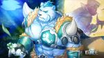  abs animal_ears armor artist_request bear bear_ears bernard_(gyee) chest_plate flower forest furry furry_male gauntlets gyee highres logo moon moon_(gyee) muscular muscular_male nature night night_sky nipples official_art pectoral_cleavage pectorals scar scar_on_chest scar_on_face scar_on_stomach shoulder_armor shoulder_pads sky staff thick_arms tusks 