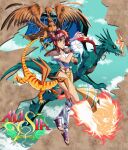  1990s_(style) 1girl 2021 absurdres alisia_dragoon alisia_dragoon_(character) ball_o&#039;_fire bird blue_eyes boomerang_lizard breasts commentary danmakuman dragon dragon_fyre electricity english_commentary facial_mark forehead_mark full_body highres logo loincloth long_hair magic ponytail red_hair retro_artstyle sandals shoulder_pads signature small_breasts smile solo thunder_raven wristband 