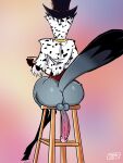  3:4 anthro avian balls bird bottomless butt clothed clothing container cup demon digital_media_(artwork) feathers furniture genitals helluva_boss hi_res male owl owl_demon penis rear_view sitting solo stolas_(helluva_boss) stool ttherandom 
