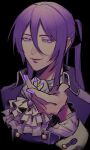  1boy ascot black_background evillious_nendaiki frills hand_up highres kamui_gakupo long_hair male_focus nail_polish ponytail purple_eyes purple_hair sateriasis_venomania smile solo venomania_kou_no_kyouki_(vocaloid) vocaloid wazuri_(nami) 