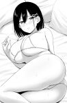  1girl ass bare_legs bed_sheet blush breasts cleavage commentary curvy embarrassed feet_out_of_frame furrowed_brow greyscale hair_between_eyes hair_ornament highres large_breasts looking_at_viewer lying monochrome on_side original parted_lips pillow short_hair solo string_bikini sweat thighs x_hair_ornament yue_(show-ei) 