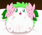  bed blush female feral furniture genitals hi_res land_forme_shaymin legendary_pok&eacute;mon lying minami_(artist) nintendo on_back on_bed pok&eacute;mon pok&eacute;mon_(species) presenting presenting_pussy pussy shaymin solo video_games 