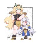  2girls armor artist_name azu_(kirara310) blonde_hair boots cosplay crossed_arms dragon_ball dragon_ball_z fairy_knight_gawain_(fate) fairy_knight_lancelot_(fate) fate/grand_order fate_(series) gloves hand_on_hip highres long_hair multiple_girls nappa nappa_(cosplay) pauldrons saiyan_armor scouter shoulder_armor vegeta vegeta_(cosplay) white_gloves white_hair 