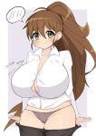  1girl blush breasts brown_hair buttons highres huge_breasts jaga334 long_hair oppai_loli panties ponytail simple_background smile solo taneshima_popura underwear very_long_hair white_background working!! yellow_eyes 