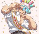  &gt;_o 1boy bara birthday birthday_cake blue_fire cake collared_shirt confetti cross_scar fiery_hair fire food food_on_body food_on_clothes food_on_face food_on_hand forked_eyebrows highres kizami_nori_to_yamaimo large_pectorals looking_at_viewer male_focus muscular muscular_male one_eye_closed open_mouth pectoral_cleavage pectorals scar scar_on_cheek scar_on_face shirt short_hair sideburns smile solo toji_(housamo) tokyo_afterschool_summoners translation_request upper_body white_shirt 