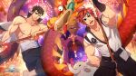  2boys abs bandages bara belt black_hair covered_abs dragon festival fireworks full_service_(mazjojo) gyee headband highres kacha kovit_chaiyarit logo male_focus manly mazjojo multiple_boys muscular muscular_male nipples official_art pants pectoral_cleavage pectorals rald_schwarz rand_(gyee) red_eyes red_hair sweat thick_arms thick_eyebrows topless topless_male yellow_eyes 