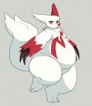  2022 3_toes ambiguous_gender anthro belly big_belly big_butt biped butt claws digital_media_(artwork) feet fur hi_res looking_at_viewer mammal markings nintendo overweight pok&eacute;mon pok&eacute;mon_(species) red_body red_fur red_markings simple_background solo thick_thighs toes video_games white_body white_fur wide_hips wind_am zangoose 