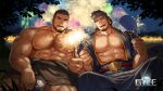  2boys abs arm_hair bara bare_pectorals bare_shoulders beard black_hair body_hair facial_hair festival fireworks forest fundoshi gomtang gyee hand_fan headband highres japanese_clothes kimono lan_(gyee) leg_hair logo male_focus manly multiple_boys muscular muscular_male nature night night_sky nipples official_art pectoral_cleavage pectorals ranmaru_(gyee) sitting sky smile thick_arms thick_eyebrows thick_thighs thighs topless topless_male veins yukata 