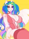  absurd_res anthro anthrofied big_breasts blush breasts cleavage clothed clothing cutie_mark equid equine female friendship_is_magic hi_res horn legwear littlesheep mammal my_little_pony princess_celestia_(mlp) simple_background solo thick_thighs thigh_highs winged_unicorn wings yellow_background 