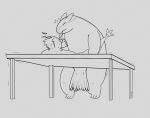  2022 ambiguous_gender avian bird bodily_fluids dialogue furniture line_art male male/ambiguous nintendo pok&eacute;mon pok&eacute;mon_(species) sweat table tgee tongue typhlosion video_games 