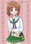  1girl bangs black_neckerchief blouse blush boko_(girls_und_panzer) box brown_eyes brown_hair commentary cowboy_shot dated doily english_text eyebrows_visible_through_hair gift gift_box girls_und_panzer green_skirt happy_valentine holding holding_gift long_sleeves looking_at_viewer miniskirt neckerchief nishizumi_miho ooarai_school_uniform open_mouth pink_background pleated_skirt sailor_collar school_uniform serafuku short_hair skirt smile solo standing t_k white_blouse white_sailor_collar 