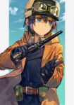 1girl belt_pouch black_gloves coat colt_1851_navy fur_hat gloves goggles goggles_on_headwear gun hair_between_eyes handgun hat holding holding_gun holding_weapon hungry_clicker kino_(kino_no_tabi) kino_no_tabi leather_belt outdoors pouch reverse_trap revolver short_hair solo weapon 